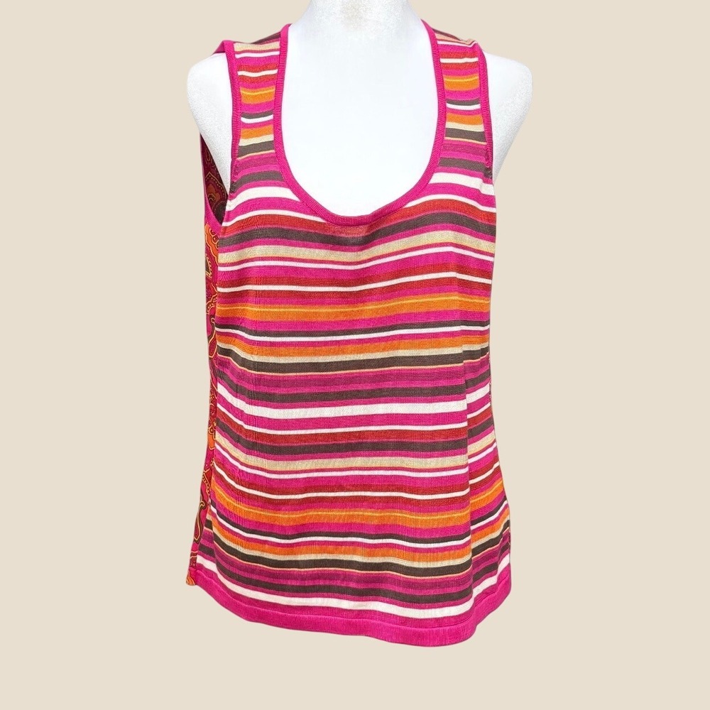 Y2K Silk Pink XL Tank Top Striped Knit Paisley Sheer Summer Breezy Dopamine